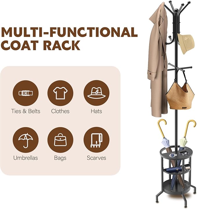 Coat Rack Freestanding, Coat Stand with Umbrella Holder, Metal Coat Tree with 12 Hooks, Coat Hanger Stand for Entryway, Coat Rack Stand for Bedroom, Living Room & Office-NeatNest
