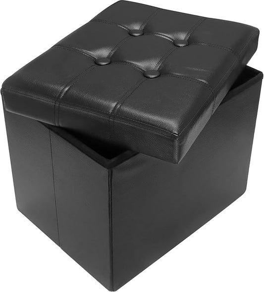 AmasSmile Storage Ottoman Folding Foot Rest Stool, Leather Footstool Bench, Short Ottoman Stool, Storage Foot Rest Store, Books (Black, 17" D x 13" W x 13" H)-NeatNest