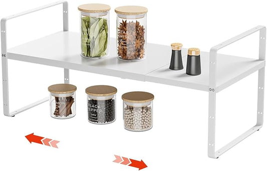 16.5-27’’L Expandable Stackable Cabinet Shelves, Adjustable Spice Rack Cabinet Shelf Organizer for Kitchen, Countertop, Pantry and Cupboard, White-NeatNest