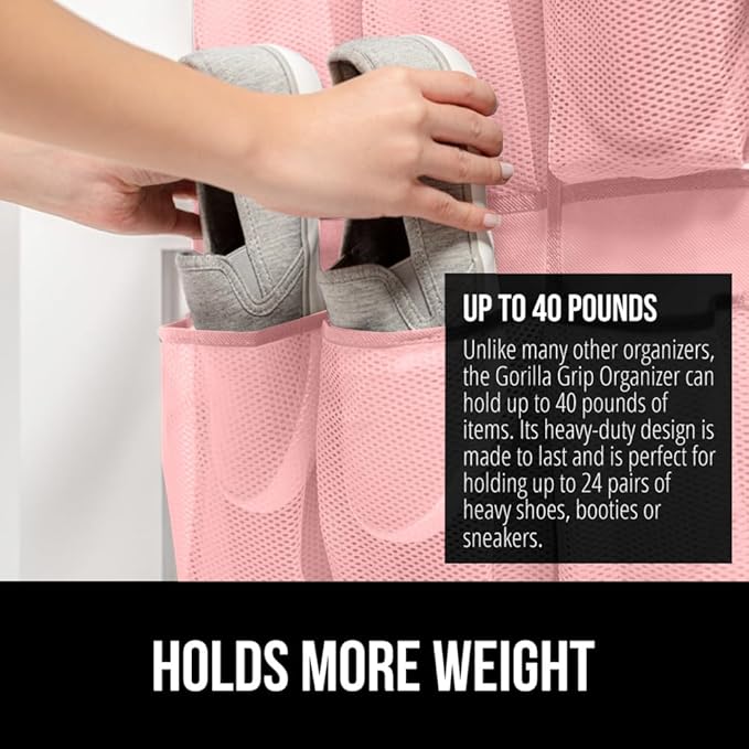 GORILLA GRIP Over the Door Shoe Organizer, 24 Large Breathable Mesh Pockets, Space Saving Hanging Storage Holder, Closet Rack Hanger Holds Up to 40 lbs, Hangs on Closets for Shoes, Accessories, Pink-NeatNest