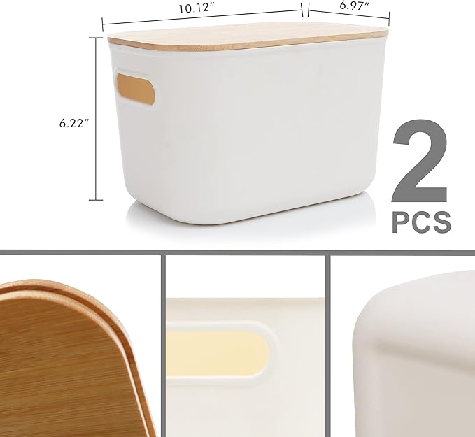 Citylife 2 PCS Storage Bins with Bamboo Lids Plastic Storage Containers for Organizing Stackable Storage Box with Handle, 10.23 x 7.08 x 6.3 inch-NeatNest