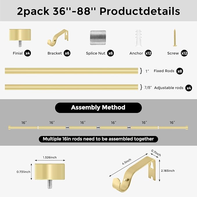 2 Pack Gold Curtain Rods for Windows 48 to 84 Inch(4-7 Feet),1" Diameter Drapery Rods with Modern Style End Cap Finials,Size:36-88 Inch