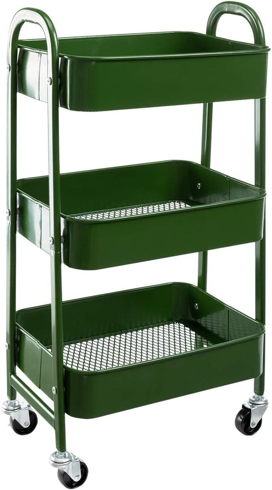 AGTEK Makeup Cart, Movable Rolling Organizer Cart, Bluish Green 3 Tier Metal Utility Cart-NeatNest