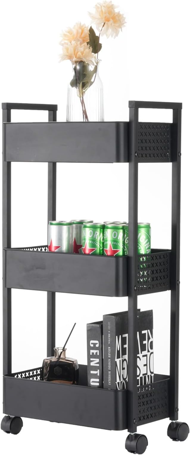 CHPHI 3 Tier Rolling Utility Cart Organizer, Stable and Sturdy Black Rolling Storage Carts with 2 Lockable Wheels,Perfect for Bathroom, Kitchen, Snack, Craft, Makeup, Baby Essentials