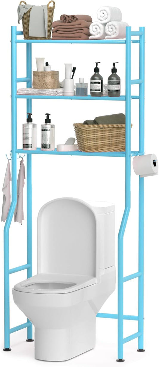 3-Tier Over The Toilet Storage, Space Saver Metal Bathroom Shelves, Freestanding Above Over Toilet Storage Shelf with 4 Hooks for Bathroom, Blue-NeatNest