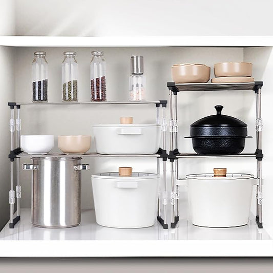 carrotez Expandable Cabinet Organizer, Set of 1 Width & Height-adjustable Kitchen Cabinet Organizer Shelf, Stackable Kitchen Counter Shelf, 11.8~19.6 x 7.8 x 5.9~9" Black-NeatNest