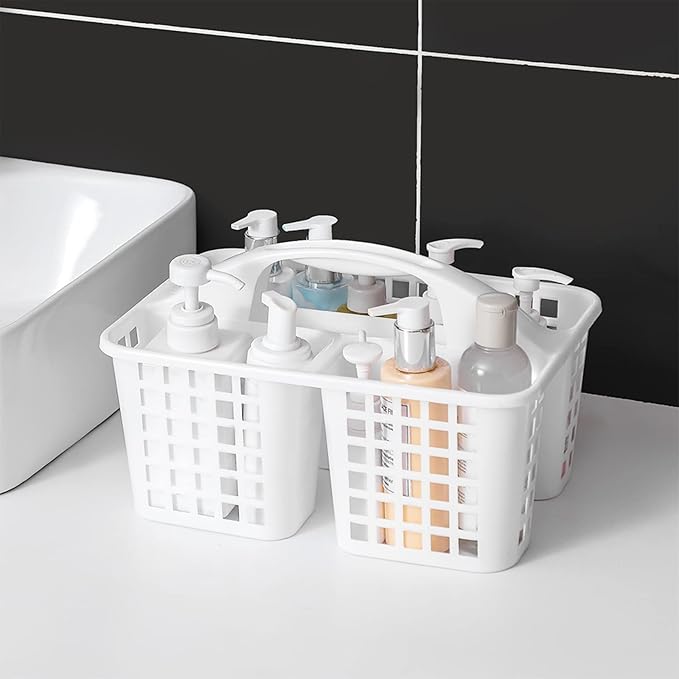 JiatuA Portable Shower Caddy Basket with Compartments Cleaning Supplies Organizer with Handle Plastic Storage Divided Tool Bin for Bathroom, Bedroom, Kitchen, College Dorm, Garden, Under Sink, White
