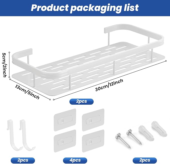lanlord Wall Mounted Shower Caddy Shelf Organizer Rack,2 Pack No Drilling Adhesive Shower Shelves,Bathroom Shower Organizers and Storage,Save Space With Hooks,Apartment Essentials (White 2LWLT).