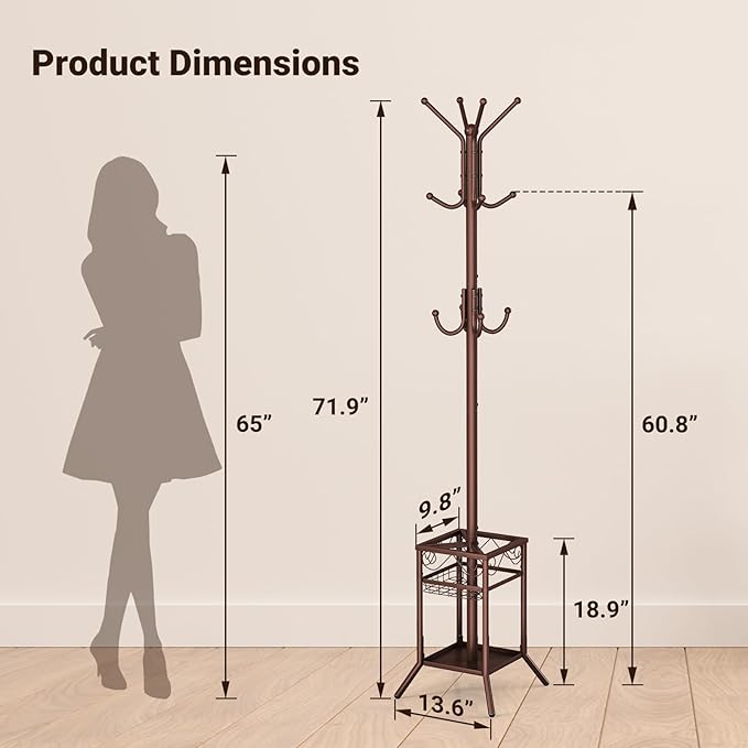 ELYKEN Coat Rack Freestanding, Metal Coat Rack Stand with Umbrella Holder, Modern Coat Tree with 12 Hooks, Floor Standing Corner Hall Tree for Entryway Living Room Bedroom Office, Brown-NeatNest