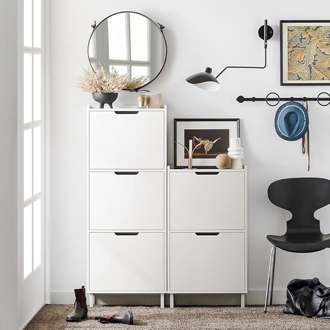 Haotian Slim Shoe Cabinet Entryway, Narrow Shoe Rack with 2 Flip-Drawers, White Shoe Organiazer Hallway, Hidden Shoe Storage Cupboard Entrance, FSR151-W
