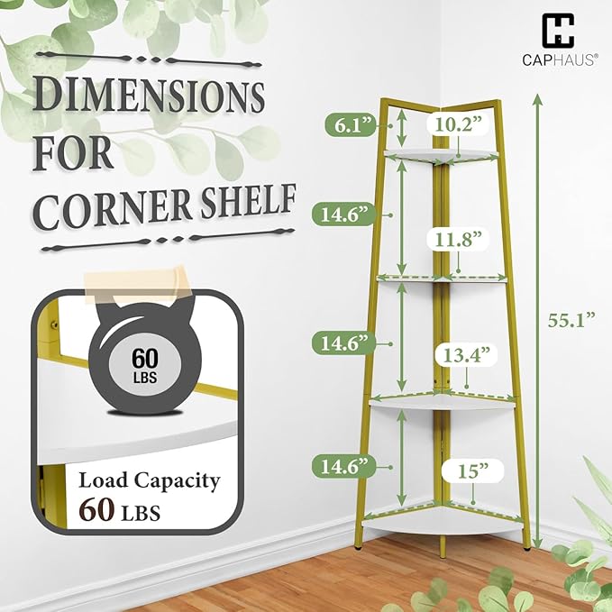 CAPHAUS Tall Corner Shelf Stand, 4-Tier Display Shelves, Ladder Corner Wood Storage Plant Bookshelf with Metal Frame, Versatile Shelving Unit Bookcase for Home Office Space, Gold-NeatNest