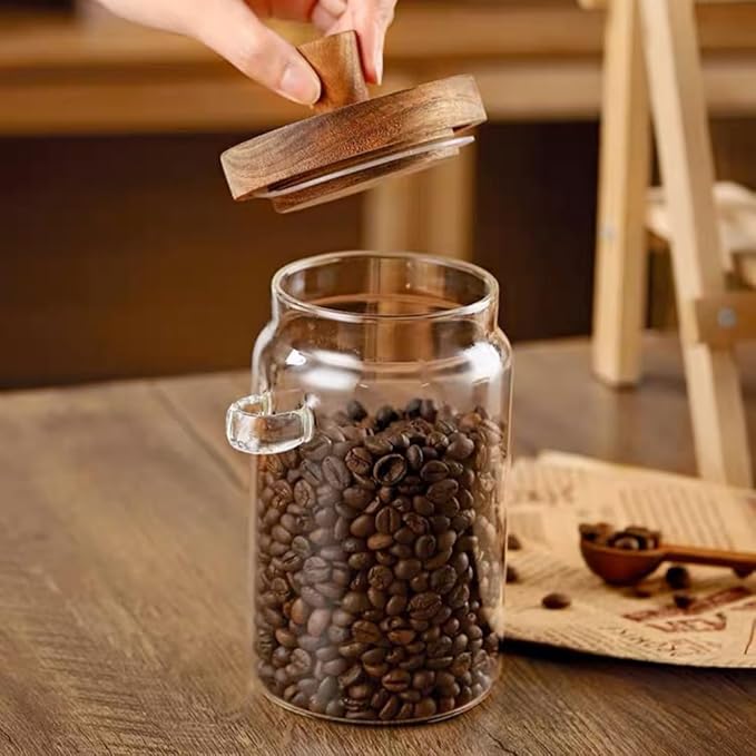 Glass Jar with Wooden Lid & Spoon, 27oz Food Storage Containers Coffee Jar Coffee Grounds Container, Glass Food Storage Canister (1 Pack)