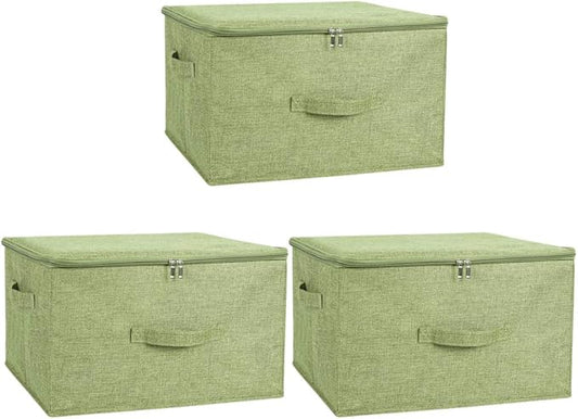 ANMINY 3PCS Storage Bins with Zipper Lids 36 Qt Lidded Fabric Storage Boxes Baskets Cubes with Handles Collapsible Washable Cotton Linen Closet Shelf Clothes Organizer Containers - Green, Large-NeatNest