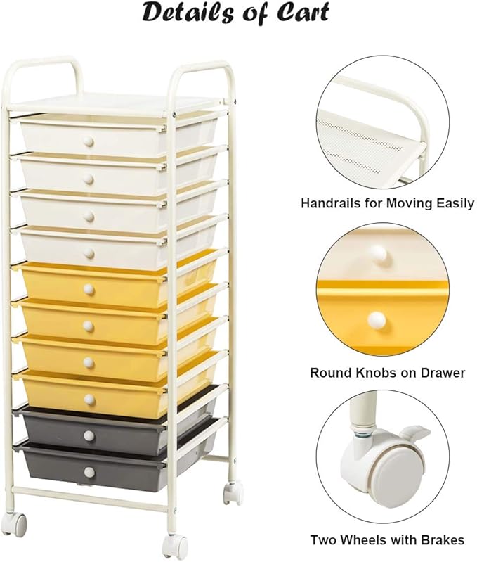 Giantex 10 Drawer Rolling Storage Cart Scrapbook Paper Office School Organizer (Beige+Yellow+Grey)