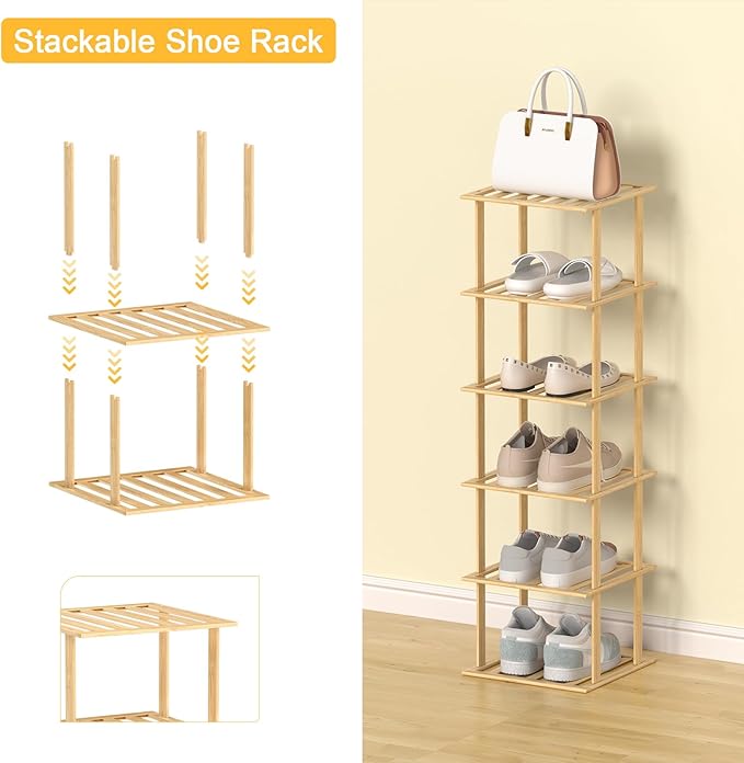 Bamboo Shoe Rack - Vertical Shoe Rack for Small Spaces, Skinny Shoe Shelf Space Saving Storage, Tall Vertical Narrow Shoe Rack for Front Door Entrance Closet Corner Garage-NeatNest