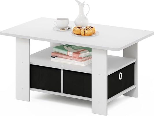 Furinno Andrey Coffee Table with Bin Drawer, White/Black-NeatNest