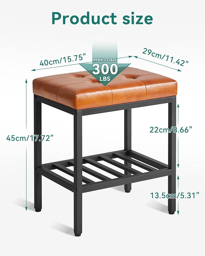 IBUYKE Rectangular Makeup Stool with Adjustable Feet and Storage Space, Footrest Chair, PU Vanity Seat, Multi-Use as Small Side Table or Ottoman, for Bedroom, Light Brown WBD017J