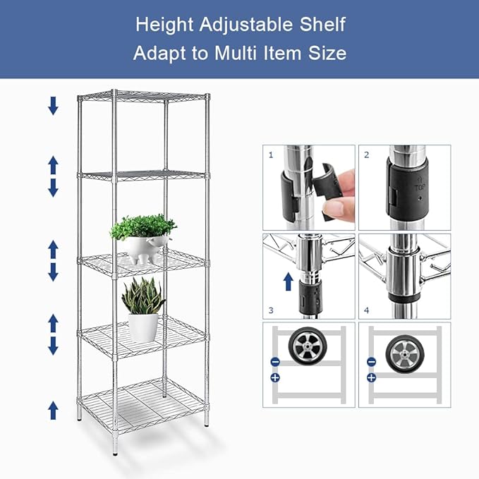 5 Tier Narrow Wire Shelving Unit with NSF Certified, Adjustable Metal Shelf, Tall Storage Shelves for Small Spaces, Laundry, Bathroom, Kitchen, Pantry, 18"D X 21.5"W X 71"H, Chrome