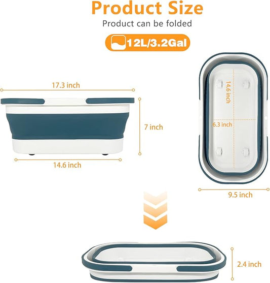 Collapsible Plastic Bucket with Wheels 12L (3.17 Gallon) for House Cleaning, Camping, and RV - Multi-Purpose Rectangular Handy Basket for Cleaning Mop - Lightweight and Portable (Blue)-NeatNest