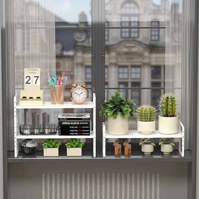 Expandable Counter Organizer Shelf (16.5'' to 27.2''), Countertop Organizer Kitchen Bathroom Pantry Cupboard Home Office for Cups, Dishes, Plates -White-NeatNest