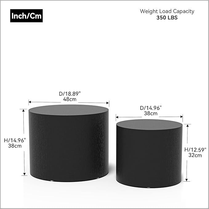 kevinplus Nesting Coffee Table Set of 2 for Living Room, Modern Round End Table Set, Wooden Circle Side Table and Accent Furniture for Bedroom Balcony Lounge Home Office, No Assembling, Matte Black