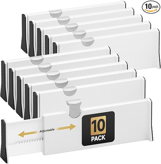 Drawer Dividers Organizer 10 Pack, Adjustable Separators 4" High Expandable from 11-17" for Bedroom, Bathroom, Closet, Clothing, Office, Kitchen (White, 10 PACK)-NeatNest