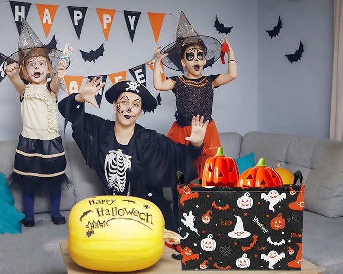 CLOCOR Rectangular Storage Basket,Collapsible Fabric Storage Container,Waterproof Toy Bin with Handles,Gift Basket(Black Halloween)-NeatNest