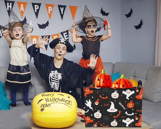 CLOCOR Rectangular Storage Basket,Collapsible Fabric Storage Container,Waterproof Toy Bin with Handles,Gift Basket(Black Halloween)-NeatNest