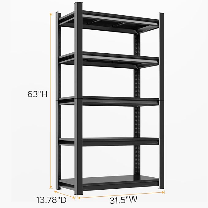 63" H Garage Shelving 3000LBS Heavy Duty Shelving Units and Storage Shelves Adjustable 5 Tier Metal Shelving for Kitchen,Utility Room and Basement, 13.78" Dx31.5 Wx63 H, Black