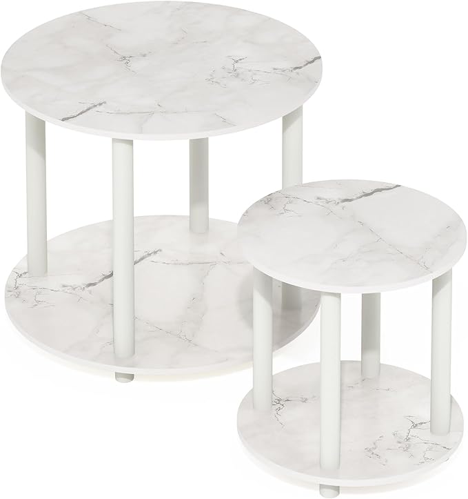 Furinno Turn-N-Tube Simple Design 2-Tier Round Wooden Small Coffee Table, Marble White-NeatNest