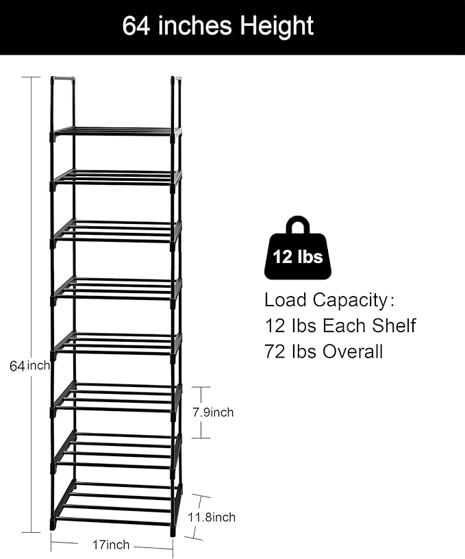 8 Tier Metal Sturdy Shoe Rack, 8 Tier Tall Shoe Storage Organizer, Narrow Tall Shelf Organizer for Entryway, Closet, Bedroom-NeatNest