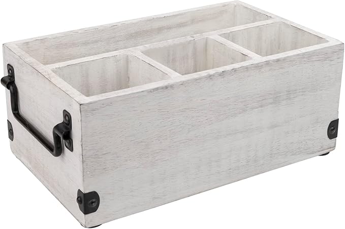 GoCraft 4-Compartment Flatware Caddy – Wooden Cutlery Holder with Napkin Holder, Silverware & Condiment Organizer, White Washed Mango Wood with Metal Handles, Perfect for Kitchen, Dining, and Picnics