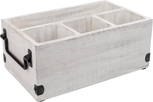 GoCraft 4-Compartment Flatware Caddy – Wooden Cutlery Holder with Napkin Holder, Silverware & Condiment Organizer, White Washed Mango Wood with Metal Handles, Perfect for Kitchen, Dining, and Picnics