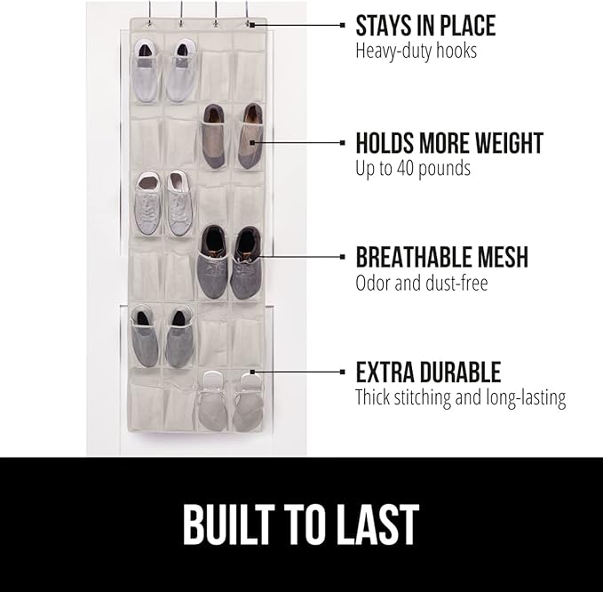 GORILLA GRIP Over the Door Shoe Organizer, 24 Large Breathable Mesh Pockets, Space Saving Hanging Storage Holder, Closet Rack Hanger Holds Up to 40 lbs, Hangs on Closets for Shoes, Accessories, Linen-NeatNest