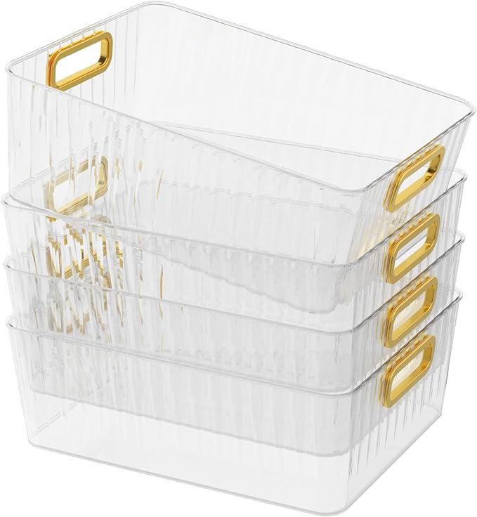 4 Packs Clear Plastic Storage Bin, Pantry Organizer Bin for Refrigerator, Kitchen, Freezer Organization