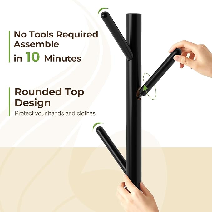 GREENSTELL Coat Rack with 8 Hooks, Wooden Coat Rack Freestanding with Shelf, Coat Tree with 4 Height Options 50.5"-72.6", Coat Hanger Stand for Bags, Clothes, Umbrellas, Hats, in Home, Black-NeatNest