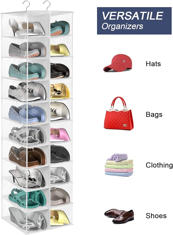 coastal rose Hanging Shoe Organizer for Closet, 20 Sections Hanging Closet Organizers and Storage Shelves, Space Saving Shoe Storage Rack Holder, Transparent White, 12''W×12''Dx 50''H-NeatNest
