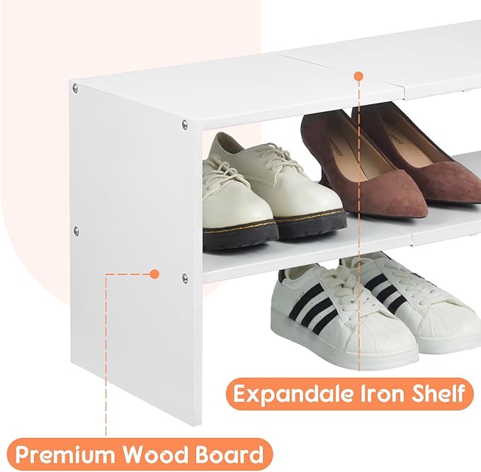 2-Tier Expandable White Shoe Rack Organizer for Closet, Stackable Shoe Rack Storage Shelf, Small Iron Wood Combination Shoe Shelves for Closets,Entryway,Front Door, Narrow Space,Hallway,6-12 Pairs-NeatNest
