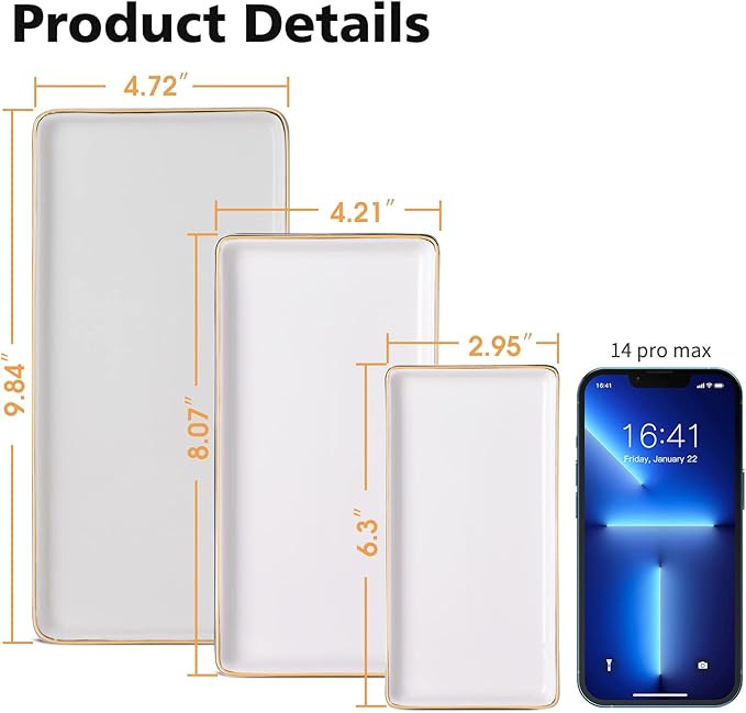 Gurygo 10" Bathroom Tray, Ceramic Vanity Trays for Bathroom, Small Ceramic Tray, Kitchen Soap Trays for Kitchen Counter (White with Gold-Edged, 10",Set/1)-NeatNest