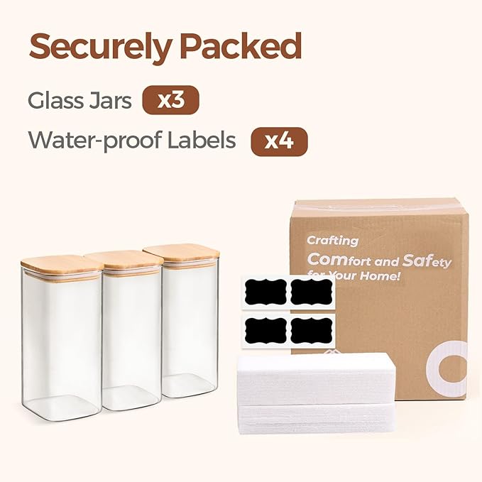 ComSaf Airtight Glass Storage Canister with Wood Lid (1.6 Qt), Clear Food Storage Container Jar with Sealing Lids for Oat Pasta Flour Cereal Rice Sugar Tea Coffee Beans, Set of 3 Square Cookie Jar-NeatNest