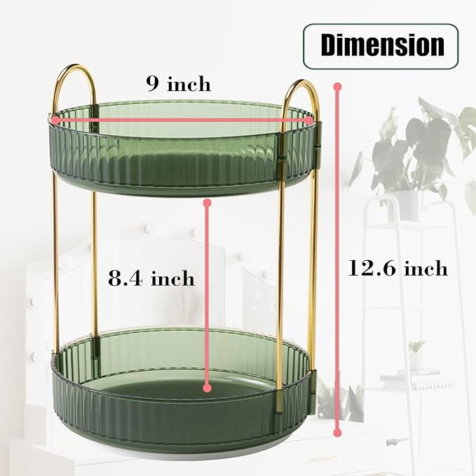 Rotating Makeup Organizer Countertop 2 Tier Lazy Susan Trays Clear Skincare Perfume Storage for Bathroom Counter Vanity, Green Gold-NeatNest