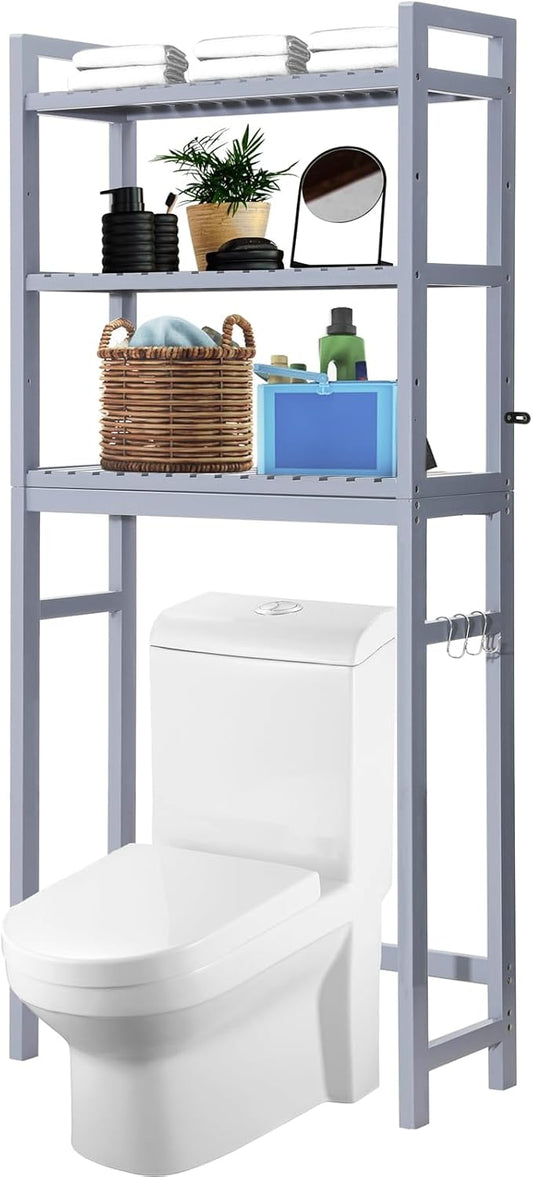 HITOMEN Over The Toilet Storage Cabinet, Bamboo Adjustable 3-Tier Above Toilet Shelf, Stable Freestanding Above Toilet Organizer with 3 Hooks for Bathroom Restroom Laundry Balcony, Grey 67" H