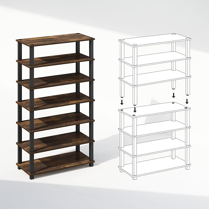 Furinno Turn-S-Tube 4-Tier Multipurpose Standing Shelves, Amber Pine/Black, Set of 2-NeatNest