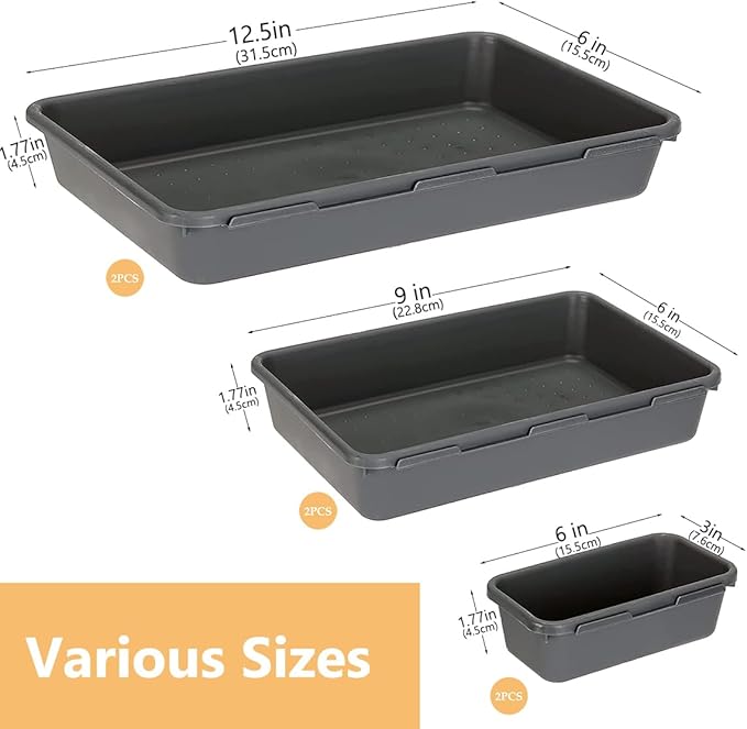 6 PCS Large Drawer Organizer, 3 Sizes Plastic Versatile Desk Drawer Organizer Trays, Kitchen Drawer Organization and Plastic Storage Bins for Makeup, Vanity, Kitchen, Utensils, Office, Bathroom-NeatNest