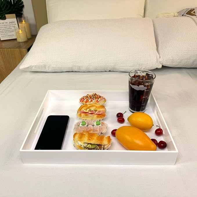 Glossy White Acrylic Serving Tray, 12x16Inch, Sturdy Kitchen Countertop Organizer, Decorative Vanity Table Tray, Ottoman Tray, 3/16 inch Thickness-NeatNest