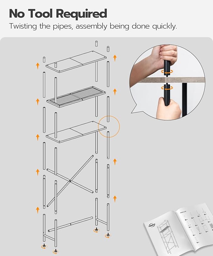 HOOBRO Over The Toilet Storage, 3-Tier Over Toilet Bathroom Organizer, Freestanding Above Toilet Shelf with Adjustable Feet, Space Saving, Easy Assembly, Greige and Black BG63TS01