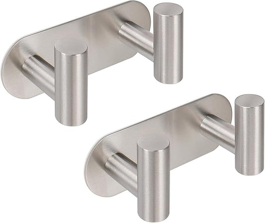 HarJue Bath Towel Hooks, 304 Stainless Steel Robe Towel Hanger Heavy-Duty Rustproof Coat Hook for Bathroom and Kitchen-Wall Mounted, Double Holder Hook (Brushed Nickel,2 Pack-Round)