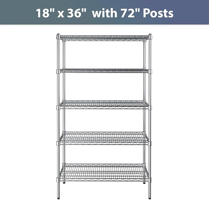 18" x 36" NSF Chrome 5-Shelf Kit with 72" Posts, Commercial Storage Rack Unit, Heavy Duty Storage Shelving, Wire Shelving Kit, Adjustable Rack Strong Steel, Multipurpose Wire Shelf