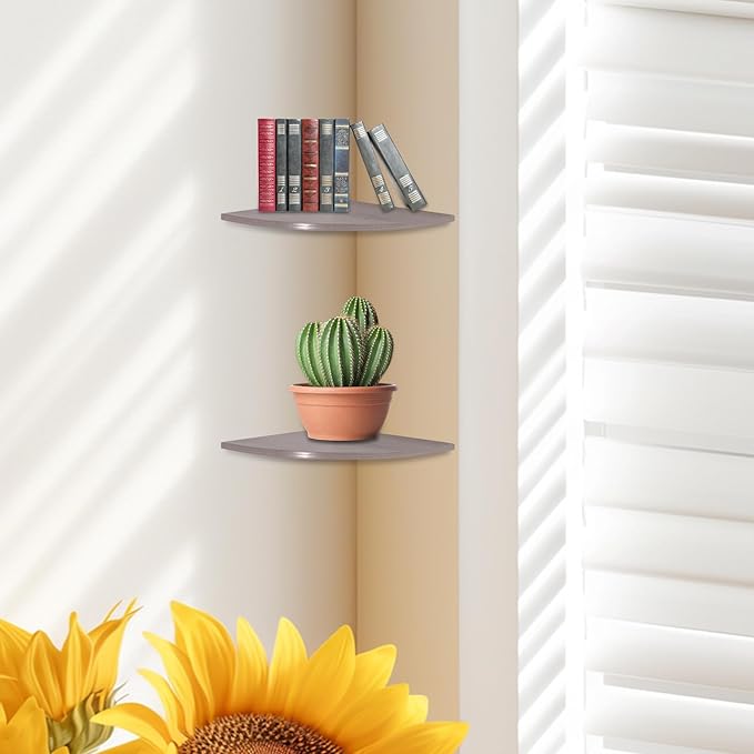 JJL Corner Wall Shelf, 12-Inch Sector Shelf, Set of 2 Wooden Hanging Shelves With Wire Hole for Bedroom Decoration, Grey-NeatNest