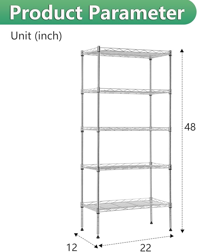 BestOffice Garage Shelving 5 Tier Metal Storage Shelves 750lbs Weight Capacity Heavy Duty Wire Shelving NSF Certified Utility Shelves with Leveling Feet for Garage Home Office, Chrome-NeatNest